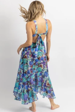 LUXXEL NEW ARRIVALS BLUE MULTI-CUTOUT PRINT SHEER MIDI DRESS