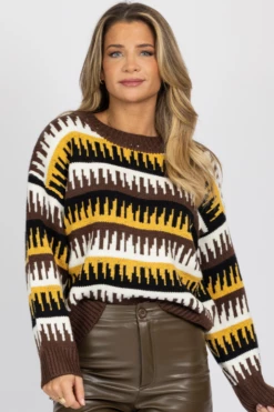 BLUE BLUSH MULTI-BROWN PATTERNED RELAXED SWEATER NEW ARRIVALS