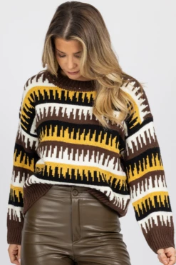 BLUE BLUSH MULTI-BROWN PATTERNED RELAXED SWEATER NEW ARRIVALS