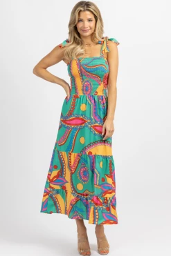 SUNDAY UP MULTICOLOR TIE STRAP SMOCK BODICE MIDI DRESS