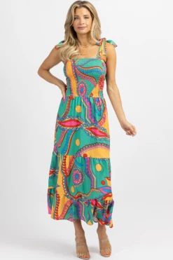 SUNDAY UP MULTICOLOR TIE STRAP SMOCK BODICE MIDI DRESS