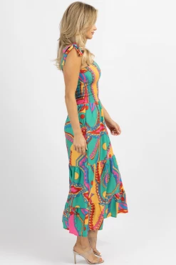 SUNDAY UP MULTICOLOR TIE STRAP SMOCK BODICE MIDI DRESS