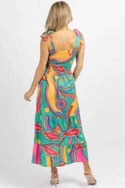 SUNDAY UP MULTICOLOR TIE STRAP SMOCK BODICE MIDI DRESS