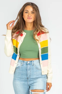 2.7 AUGUST APPAREL MULTI-STRIPE KNIT BUTTON CARDIGAN CLOTHING