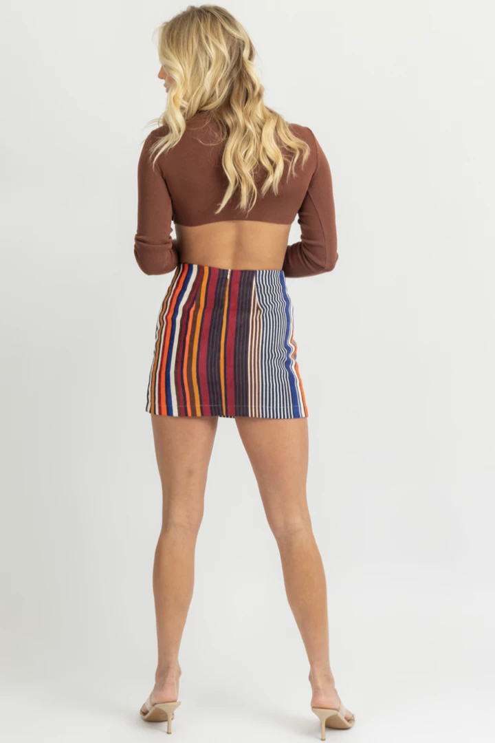 DEE ELLY BURGUNDY MULTISTRIPE SIDE SLIT MINI SKIRT