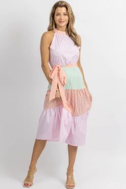 SUNDAY UP NEW ARRIVALS MULTICOLOR TIERED STRIPE RUFFLE MIDI DRESS