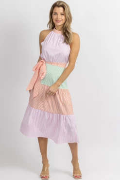 SUNDAY UP NEW ARRIVALS MULTICOLOR TIERED STRIPE RUFFLE MIDI DRESS