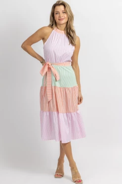 SUNDAY UP NEW ARRIVALS MULTICOLOR TIERED STRIPE RUFFLE MIDI DRESS