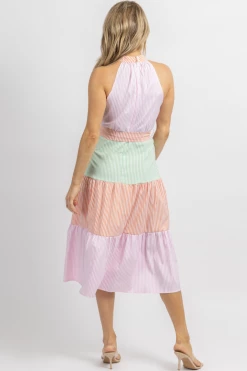 SUNDAY UP NEW ARRIVALS MULTICOLOR TIERED STRIPE RUFFLE MIDI DRESS
