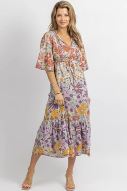SUNDAY UP NEW ARRIVALS MULTICOLOR FLORAL WIDE SLEEVE MIDI DRESS