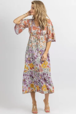 SUNDAY UP NEW ARRIVALS MULTICOLOR FLORAL WIDE SLEEVE MIDI DRESS