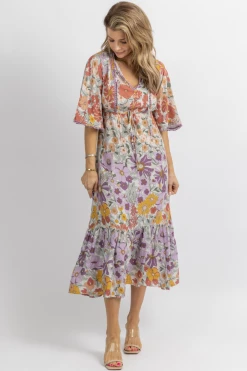 SUNDAY UP NEW ARRIVALS MULTICOLOR FLORAL WIDE SLEEVE MIDI DRESS