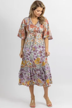 SUNDAY UP NEW ARRIVALS MULTICOLOR FLORAL WIDE SLEEVE MIDI DRESS