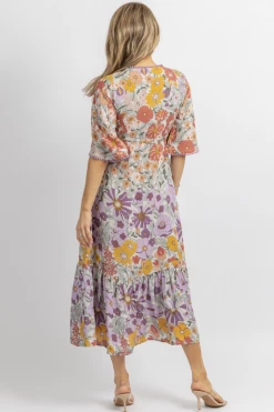 SUNDAY UP NEW ARRIVALS MULTICOLOR FLORAL WIDE SLEEVE MIDI DRESS
