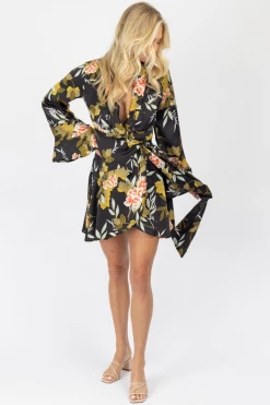 FORE COLLECTION MULTIFLORAL BELL SLEEVED SIDE TIE MINI DRESS