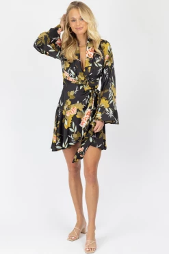 FORE COLLECTION MULTIFLORAL BELL SLEEVED SIDE TIE MINI DRESS