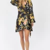 FORE COLLECTION MULTIFLORAL BELL SLEEVED SIDE TIE MINI DRESS