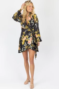 FORE COLLECTION MULTIFLORAL BELL SLEEVED SIDE TIE MINI DRESS