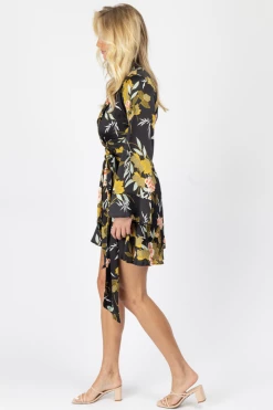 FORE COLLECTION MULTIFLORAL BELL SLEEVED SIDE TIE MINI DRESS