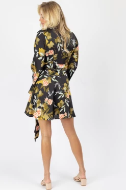 FORE COLLECTION MULTIFLORAL BELL SLEEVED SIDE TIE MINI DRESS