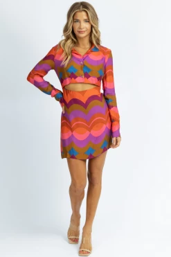 OLIVACEOUS NEW ARRIVALS MULTIPATTERN COLLARED LONG SLEEVE MINI DRESS