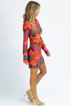 OLIVACEOUS NEW ARRIVALS MULTIPATTERN COLLARED LONG SLEEVE MINI DRESS