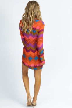 OLIVACEOUS NEW ARRIVALS MULTIPATTERN COLLARED LONG SLEEVE MINI DRESS