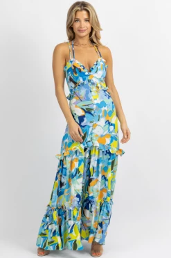 LUXXEL BLUE-MULTI TROPICAL BUTTON FRONT MAXI DRESS