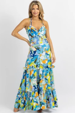 LUXXEL BLUE-MULTI TROPICAL BUTTON FRONT MAXI DRESS