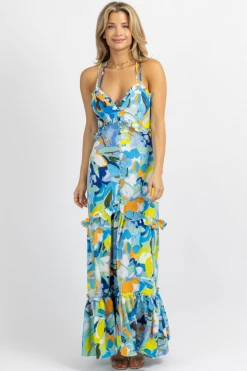 LUXXEL BLUE-MULTI TROPICAL BUTTON FRONT MAXI DRESS