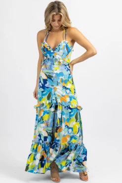LUXXEL BLUE-MULTI TROPICAL BUTTON FRONT MAXI DRESS