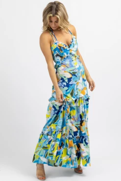 LUXXEL BLUE-MULTI TROPICAL BUTTON FRONT MAXI DRESS