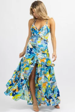 LUXXEL BLUE-MULTI TROPICAL BUTTON FRONT MAXI DRESS