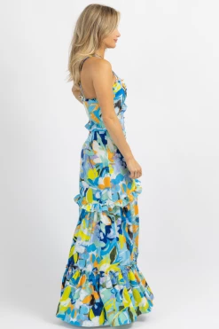LUXXEL BLUE-MULTI TROPICAL BUTTON FRONT MAXI DRESS