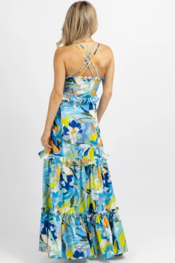 LUXXEL BLUE-MULTI TROPICAL BUTTON FRONT MAXI DRESS