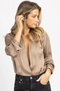 RESET BY JANE MOCHA SATIN SURPLICE BLOUSE BODYSUIT NEW ARRIVALS