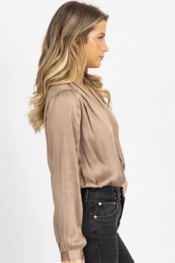 RESET BY JANE MOCHA SATIN SURPLICE BLOUSE BODYSUIT NEW ARRIVALS