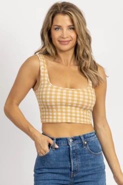 EMORY PARK TAN + IVORY CHECKED KNIT CROP TANK