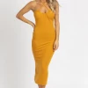 PRETTY GARBAGE MUSTARD HALTER TIE MIDI DRESS CLOTHING
