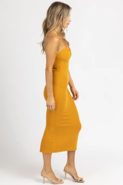 PRETTY GARBAGE MUSTARD HALTER TIE MIDI DRESS CLOTHING