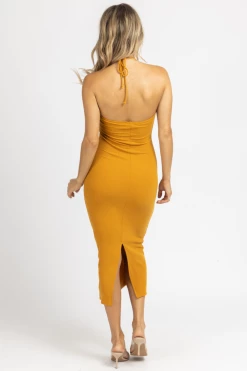 PRETTY GARBAGE MUSTARD HALTER TIE MIDI DRESS CLOTHING