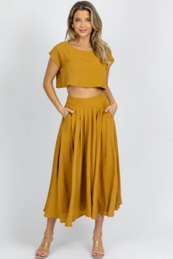 MABLE MUSTARD LINENLIKE CROP + MIDI SKIRT SET