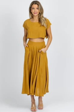 MABLE MUSTARD LINENLIKE CROP + MIDI SKIRT SET