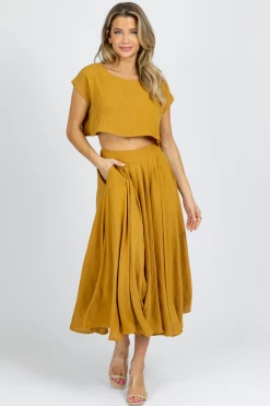 MABLE MUSTARD LINENLIKE CROP + MIDI SKIRT SET