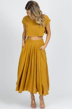 MABLE MUSTARD LINENLIKE CROP + MIDI SKIRT SET