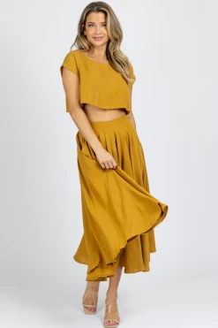 MABLE MUSTARD LINENLIKE CROP + MIDI SKIRT SET