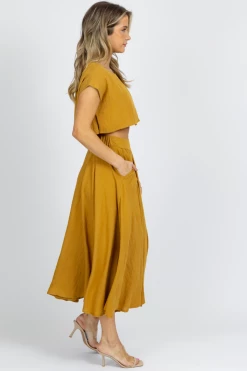 MABLE MUSTARD LINENLIKE CROP + MIDI SKIRT SET