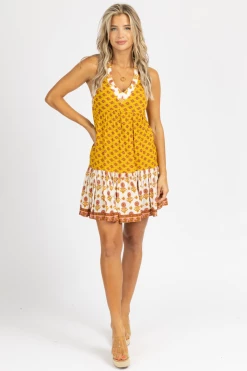 POLAGRAM MUSTARD PATTERN TIE BACK MINI DRESS CLOTHING 9 POLAGRAM MUSTARD PATTERN TIE BACK MINI DRESS CLOTHING