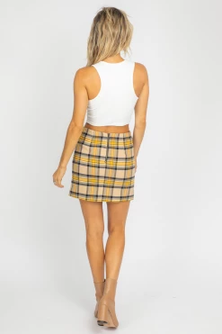SKIES ARE BLUE TAUPE + MUSTARD PLAID MINI SKIRT