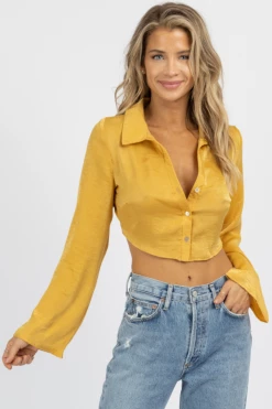 LE LIS MUSTARD SATIN OPEN BACK COLLARED CROP NEW ARRIVALS